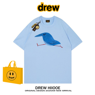 T恤男女夏季 小鸟印花短袖 宽松学院风情侣 潮牌趣味奔跑 drew美式