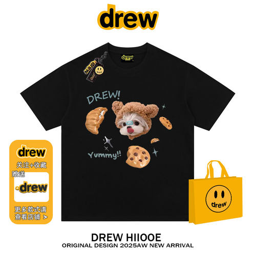 drew美式潮牌趣味小狗印花短袖男女夏季重磅纯棉宽松情侣显瘦T恤