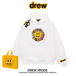 drew美式潮牌笑脸印花连帽卫衣男女秋冬加绒休闲宽松情侣帽衫外套
