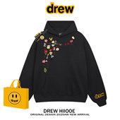 drew美式 潮牌卡通涂鸦印花连帽卫衣男女秋冬加绒高街宽松情侣帽衫