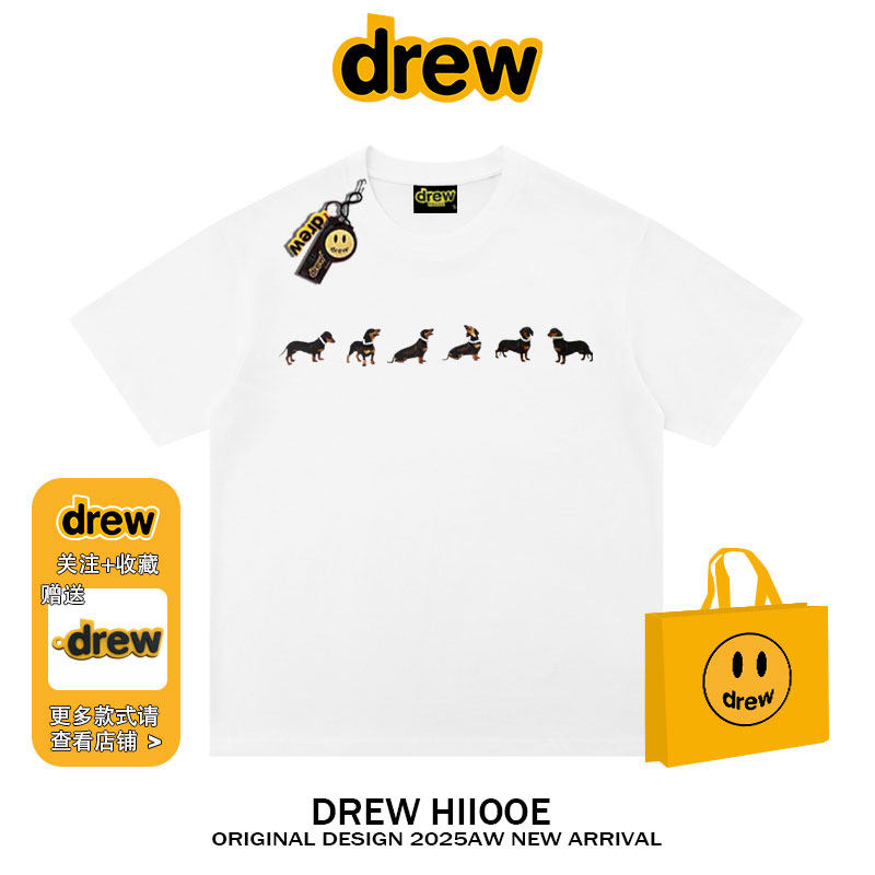 drew美式潮牌卡通腊肠狗印花夏季纯棉短袖男女ins休闲宽松情侣t恤