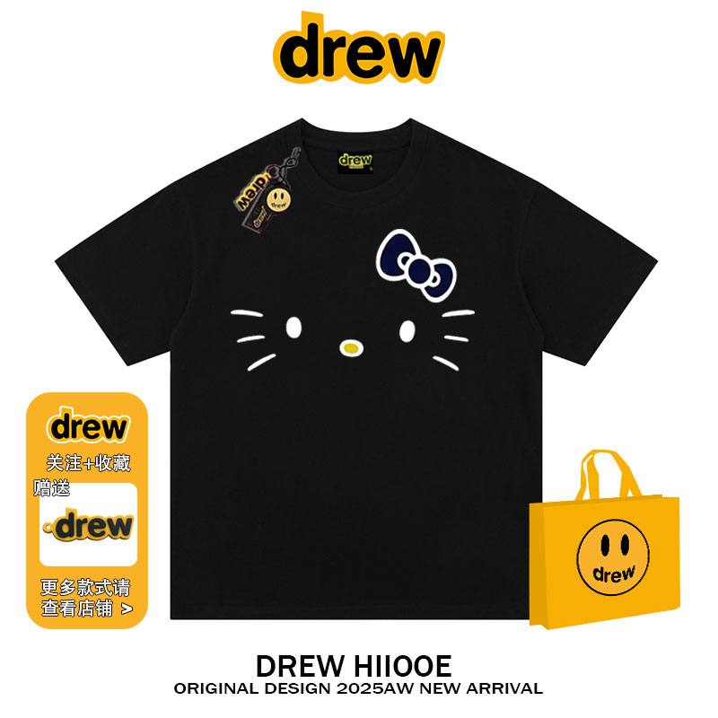 drew美式潮牌卡通Kitty猫印花短袖T恤夏季学院风纯棉宽松百搭情侣