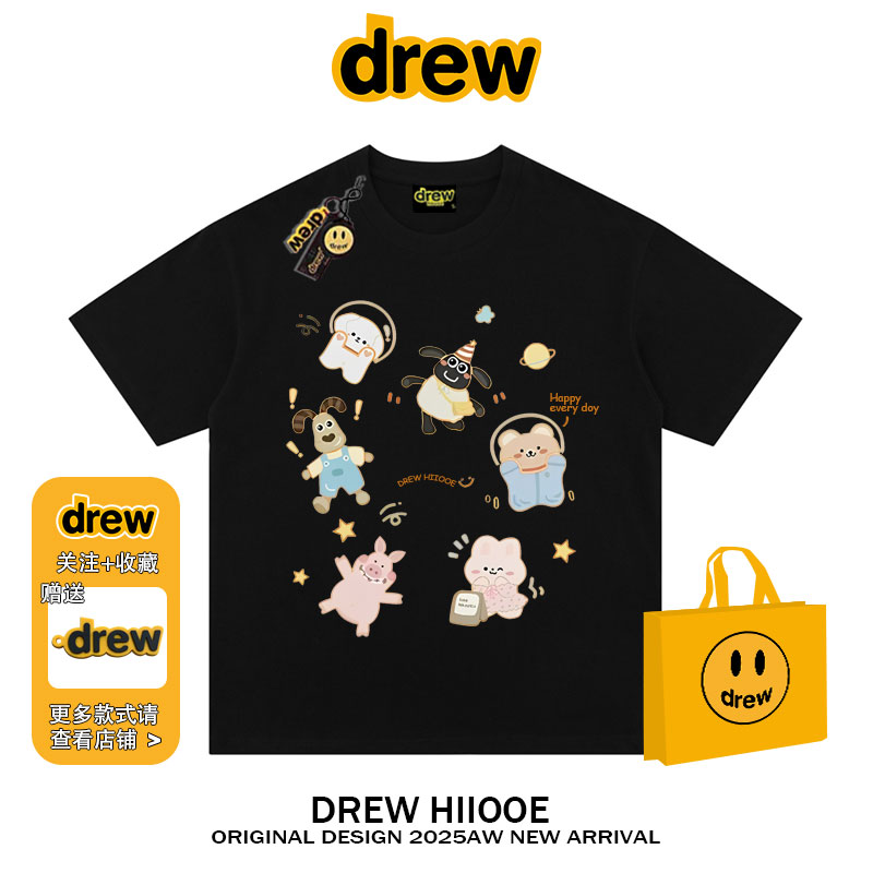 drew美式潮牌趣味卡通印花短袖T恤女夏季宽松百搭情侣学院风体恤