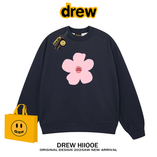 drew美式潮牌小雏菊花朵圆领卫衣男女秋冬加绒宽松百搭情侣款上衣
