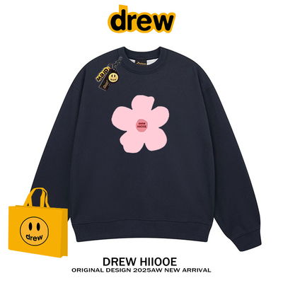 drew美式潮牌小雏菊花朵圆领卫衣男女秋冬加绒宽松百搭情侣款上衣