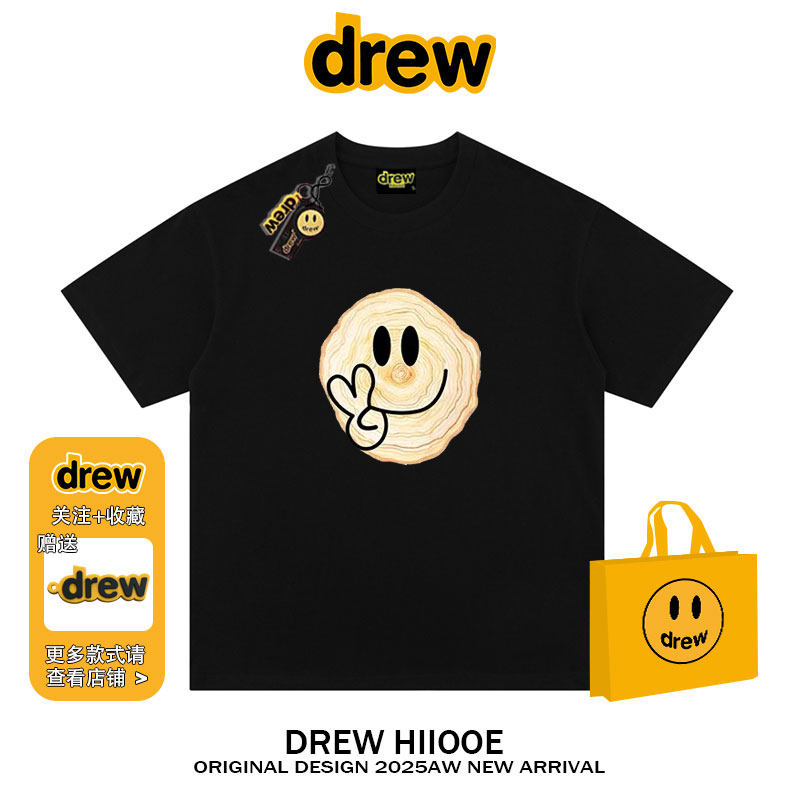drew笑脸明星同款短袖t恤男女2025夏季复古宽松百搭情侣圆领上衣