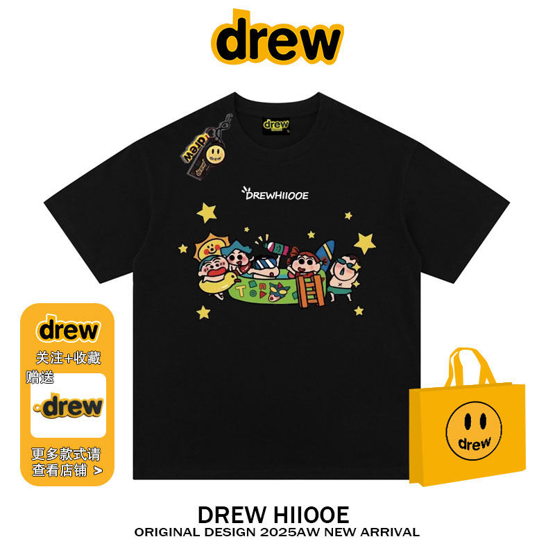 drew美式潮牌笑脸t恤趣味卡通蜡笔小新短袖男女纯棉宽松情侣上衣