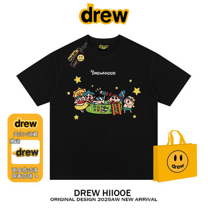 drew美式潮牌笑脸t恤趣味卡通蜡笔小新短袖男女纯棉宽松情侣上衣