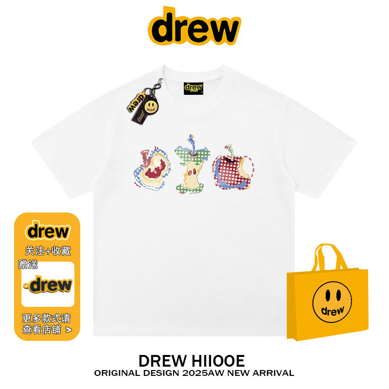 drew美式潮牌苹果印花纯棉设计感宽松短袖t恤男女百搭情侣上衣ins