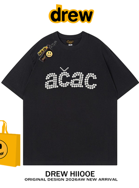 drew美式潮牌珍珠acac字母印花纯棉短袖T恤男女同款宽松情侣上衣