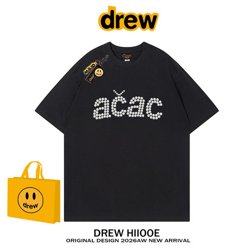 drew美式潮牌珍珠acac字母印花纯棉短袖T恤男女同款宽松情侣上衣