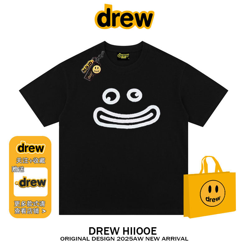 drew美式潮牌趣味笑脸印花短袖T恤男女2025夏季新款纯棉宽松情侣