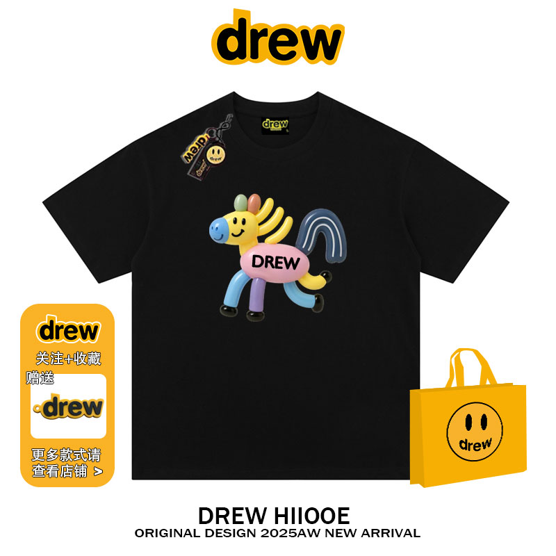 drew美式潮牌卡通彩虹小马印花短袖t恤夏季新款休闲宽松情侣上衣