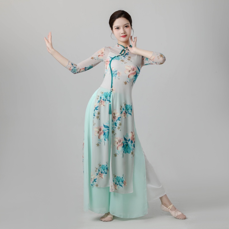 古典舞演出服优雅古风旗袍弹力身韵飘逸网纱中国风现代舞演出服装