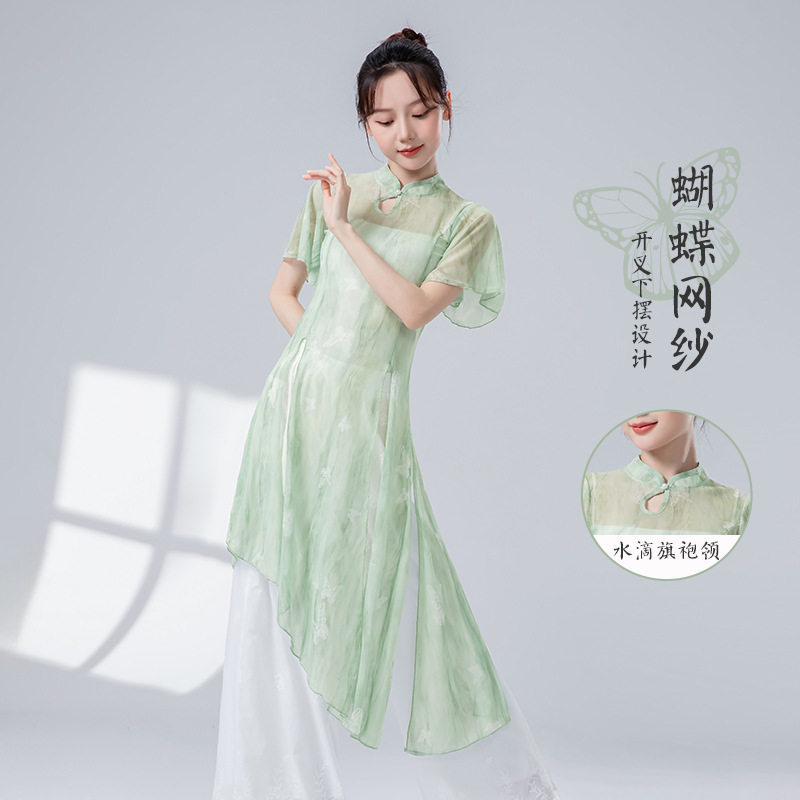 新中式古典舞练功服女新款旗袍领改良国风网纱开叉长裙中国舞蹈服