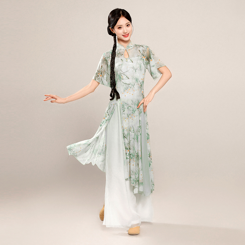 新款古典舞身韵印花旗袍纱衣中国舞民族舞练功服舞蹈演出服饰套装