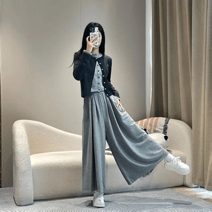 裙 深灰色软糯米裙裤 女秋季 松紧高腰显瘦垂感阔腿裤 百搭宽松休闲裤