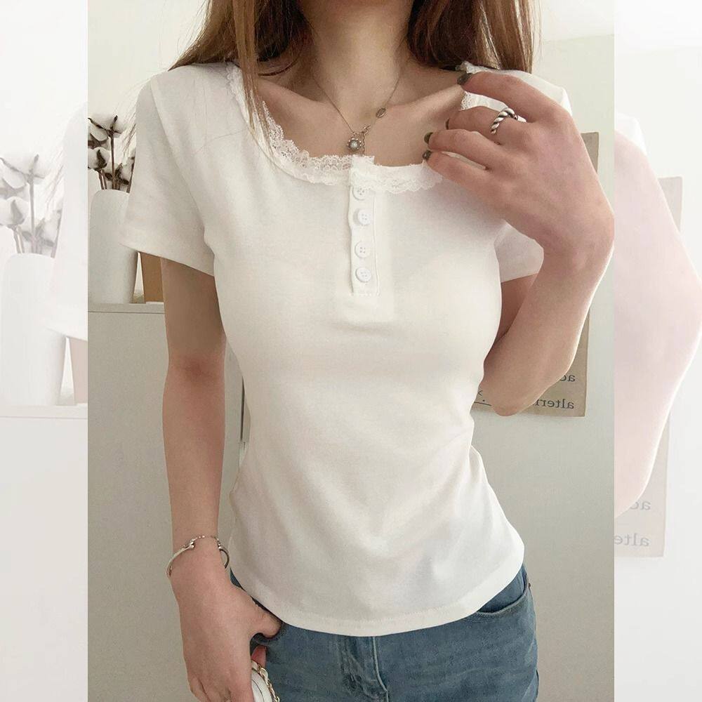 蕾丝领纽扣半开领短袖t恤女夏季新款纯欲风修身显瘦短款白色上衣