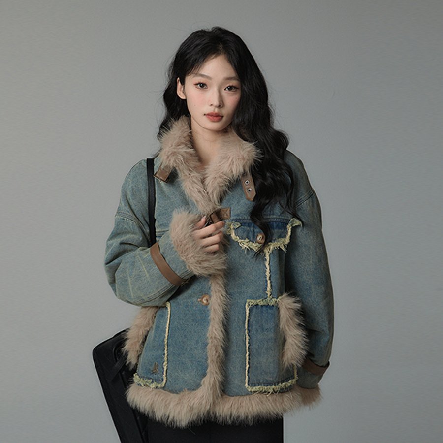 牛仔棉服毛毛拼接女大学生牛仔棉衣2025秋冬高级感通勤牛仔羽绒服