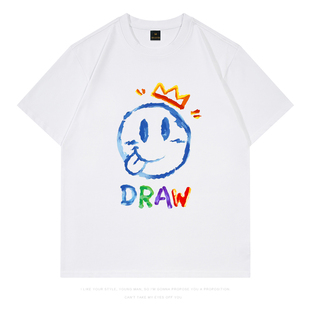笑脸draw短袖情侣宽松圆领半袖t恤衫女夏季纯棉休闲百搭ins潮上衣