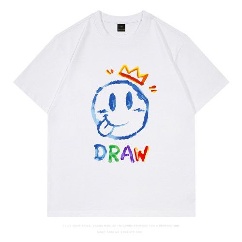 笑脸draw短袖情侣宽松圆领半袖t恤衫女夏季纯棉休闲百搭ins潮上衣