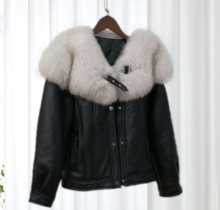 2023年冬季新款网红皮草仿狐狸毛领皮毛一体pu皮女装大码皮衣外套