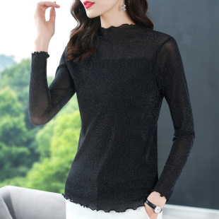 春季 大码 女装 薄款 修身 女2026新款 弹力长袖 亮丝内搭t恤 网纱打底衫