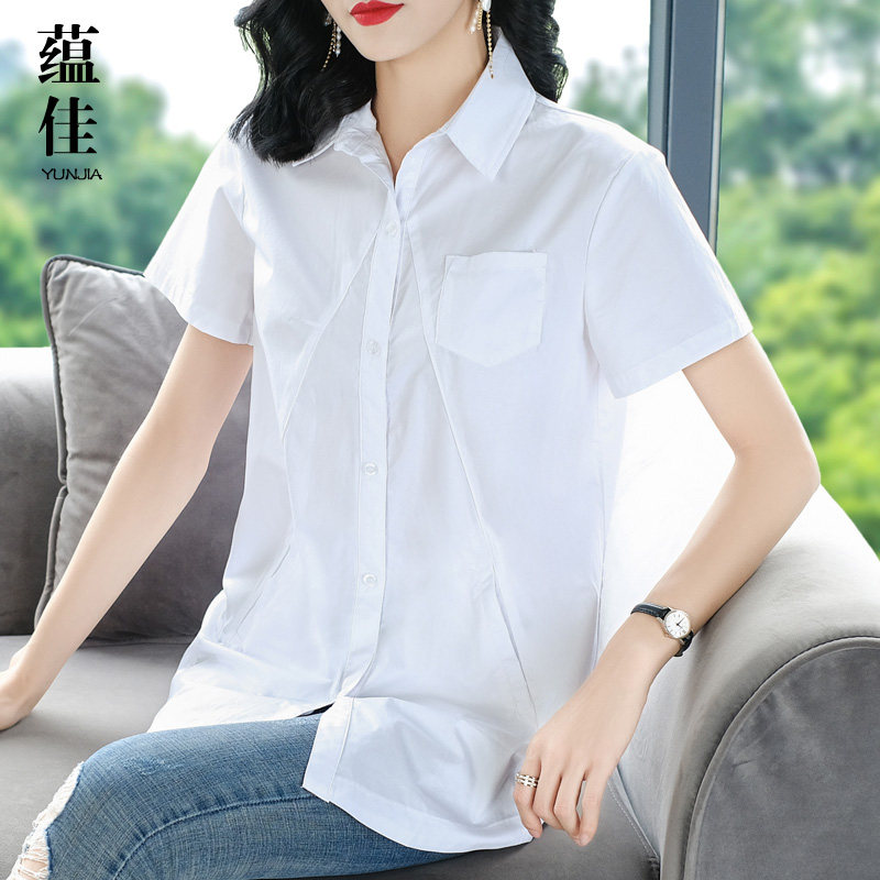 夏季白色衬衫女短袖中长款2026新款宽松纯棉大码小众韩风chic上衣