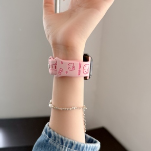 适用iwatchs11苹果手表s9手表带可爱凯蒂猫iwatchs10硅胶新款撞色S8透气s7时尚腕带S高级款印花S9运动卡通