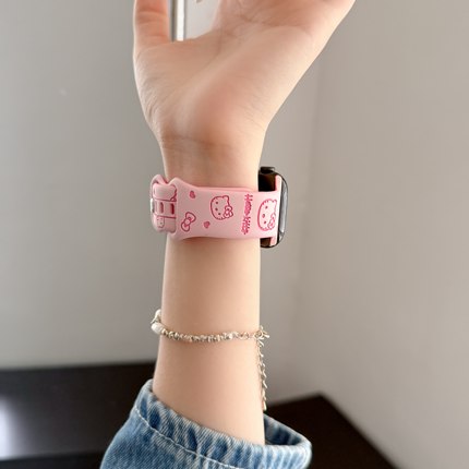 适用iwatchs11苹果手表s9手表带可爱凯蒂猫iwatchs10硅胶新款撞色S8透气s7时尚腕带S高级款印花S9运动卡通