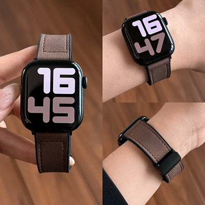 适用iwatchs11手表带疯马纹皮质磁吸扣s10苹果手表applewatch10高级感s9男款se2女生s8ultra3秋冬s7运动腕带