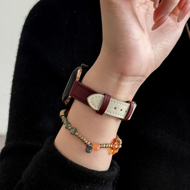 适用苹果手表Watchs11表带透气真皮applewatchs10安哥拉红S10苹果手表腕带s8高级ultra创意拼米白se精致女款