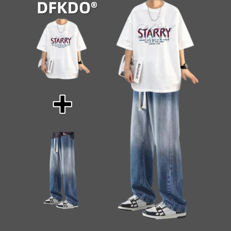 青少年夏季短袖T恤牛仔裤两件套男潮流帅气字母印花休闲炸街套装