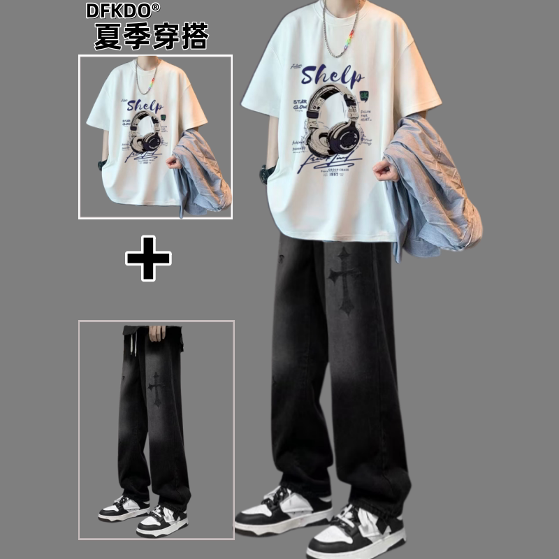 夏季印花短袖休闲套装男青少年宽松潮流两件套炸街T恤牛仔长裤