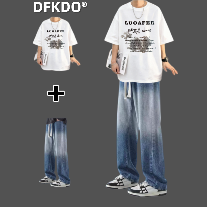 青少年印花短袖T恤套装男夏季潮牌两件套搭配牛仔裤学生休闲套装