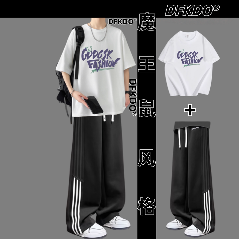 潮牌字母印花短袖套装男青少年夏季半袖休闲运动两件套潮流搭配潮