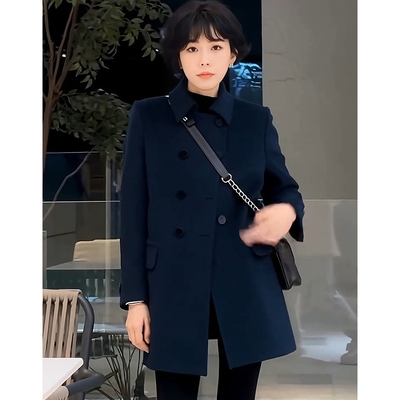 复古藏蓝色羊毛西装大衣女中长款