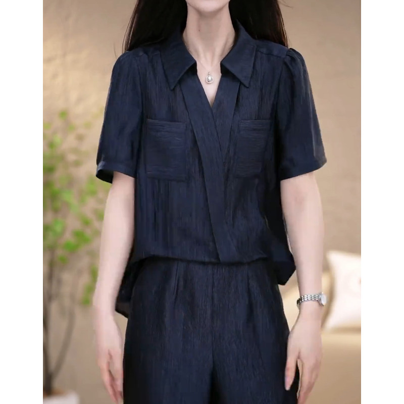 2026年夏天新款高级醋酸凉感短袖衬衫女阔腿长裤套装女气质两件套