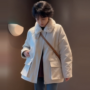 仿羊羔毛大翻领羽绒外套女冬中长款小个子工装宽松加厚毛领派克服