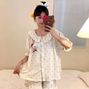 果家睡衣女夏季 新款 波点kitty猫抗静电纯棉可爱女家居服套装