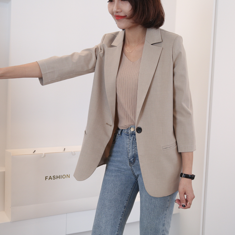 3七分袖卡其色小西装女夏薄款外套欧洲站休闲炸街网红西装女chic