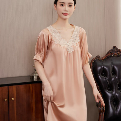 胖MM加大码宽松舒适真丝睡裙100桑蚕丝睡衣家居服法式蕾丝送妈妈