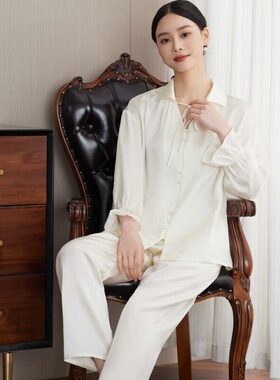 SILK杭州丝绸伴手礼纯色长袖长裤胖MM大码宽松真丝睡衣套装家居