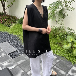 亚麻极简V领宽松A字廓形立体梯形无袖上衣背心马甲