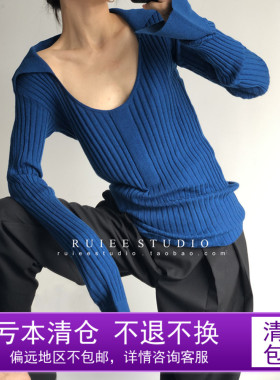 2023春季新款时髦显瘦坑条修身大圆领翻领长袖针织衫女