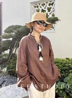 老钱亚麻V领系带流苏宽松防晒衬衫复古度假上衣女