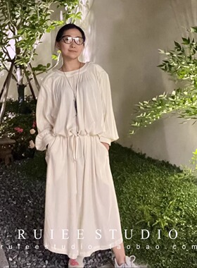 26夏lem优雅慵懒圆领抽绳打褶长袖轻薄连衣裙长裙