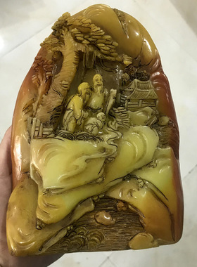 仿古黄龙玉雕山水人物摆件玉石田黄玉风景家居装饰摆饰工艺品摆件
