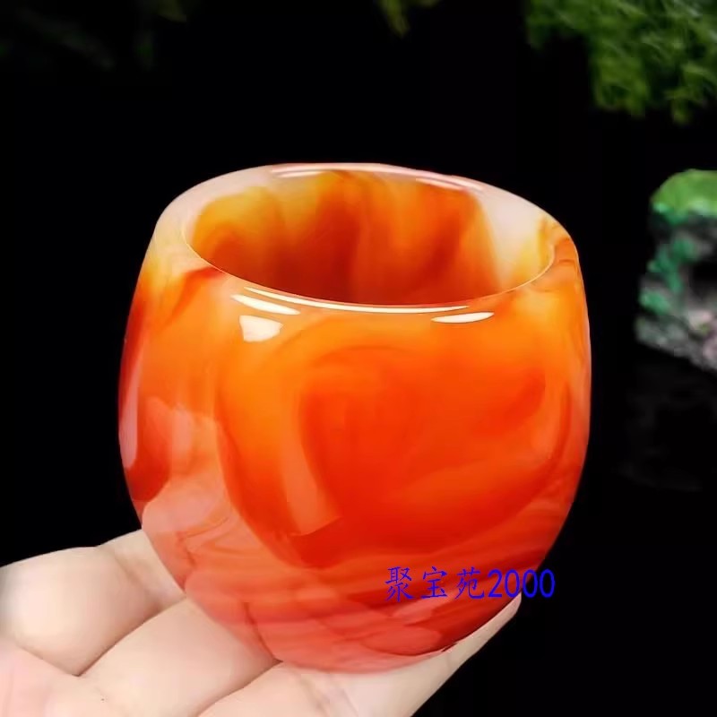 玉大肚杯仿鸡血玉石琉璃品茗杯建盏玉酒杯玛瑙飘花玉瓷茶杯主人杯