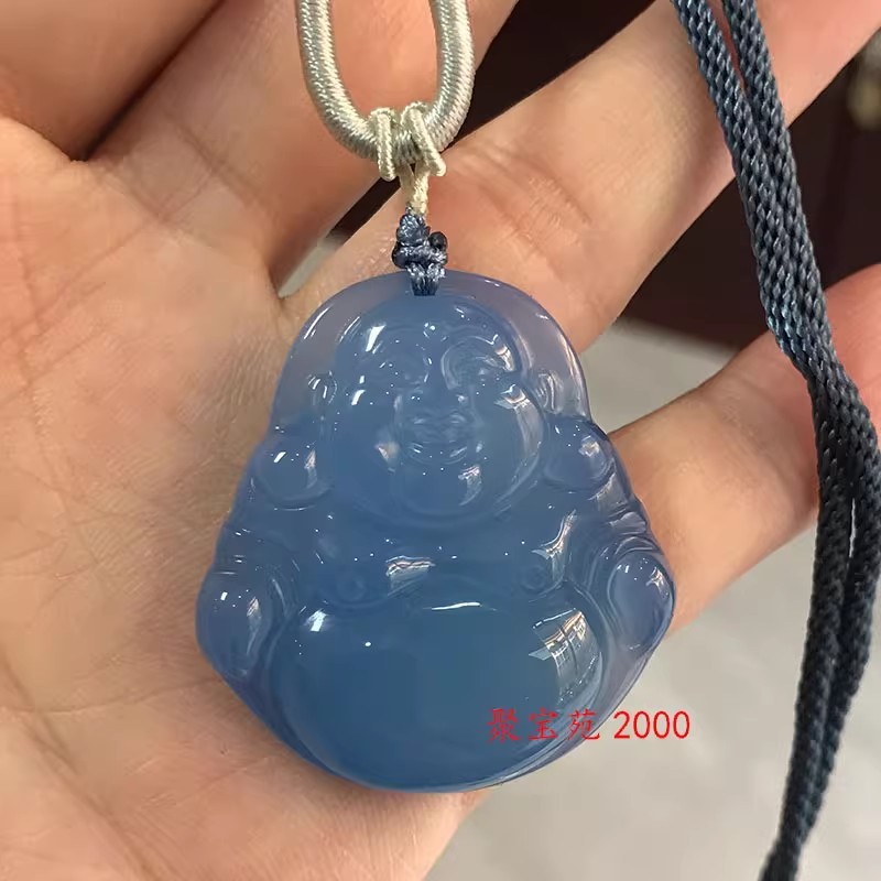招财转运护身符玉石佛吊坠项链天然蓝玛瑙玉髓笑佛大肚佛公弥勒佛